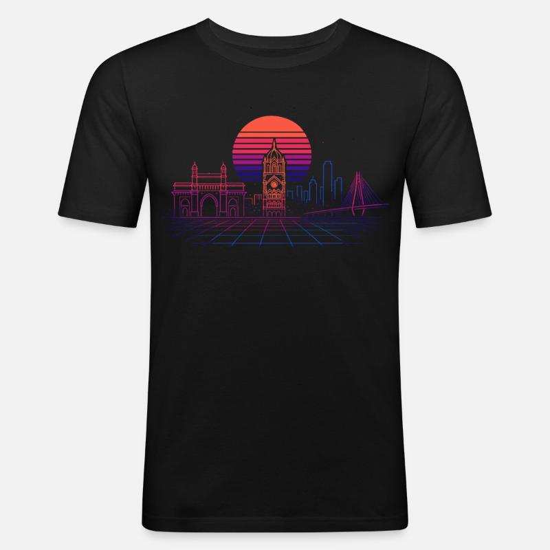 Neon-Synthwave Stadtsilhouette - Mumbai - Männer Slim Fit T-Shirt - Schwarz