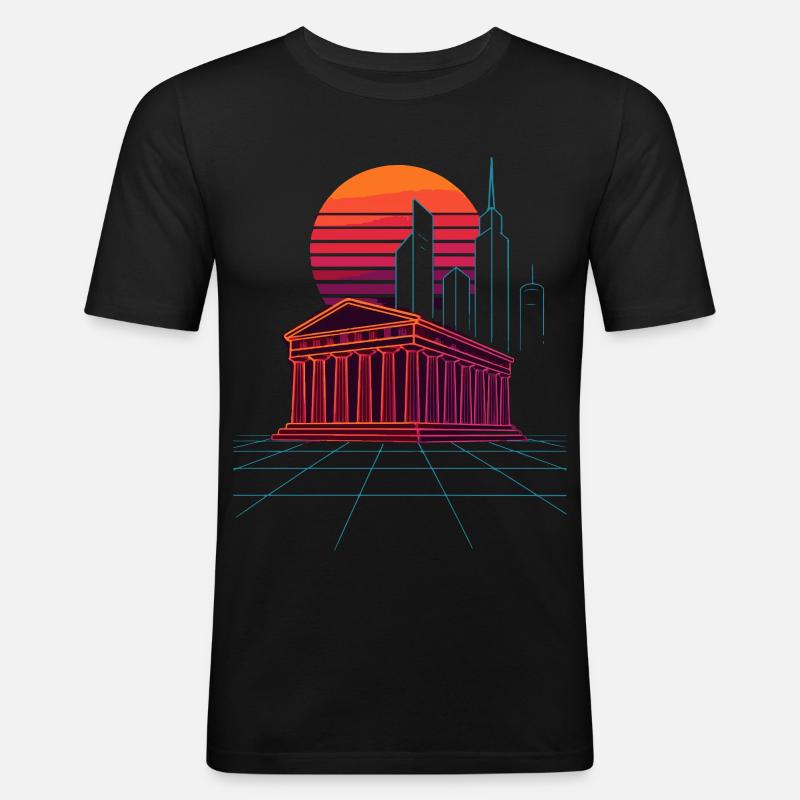 Neon Skyline trifft antike Säulen - Athen - Männer Slim Fit T-Shirt - Schwarz