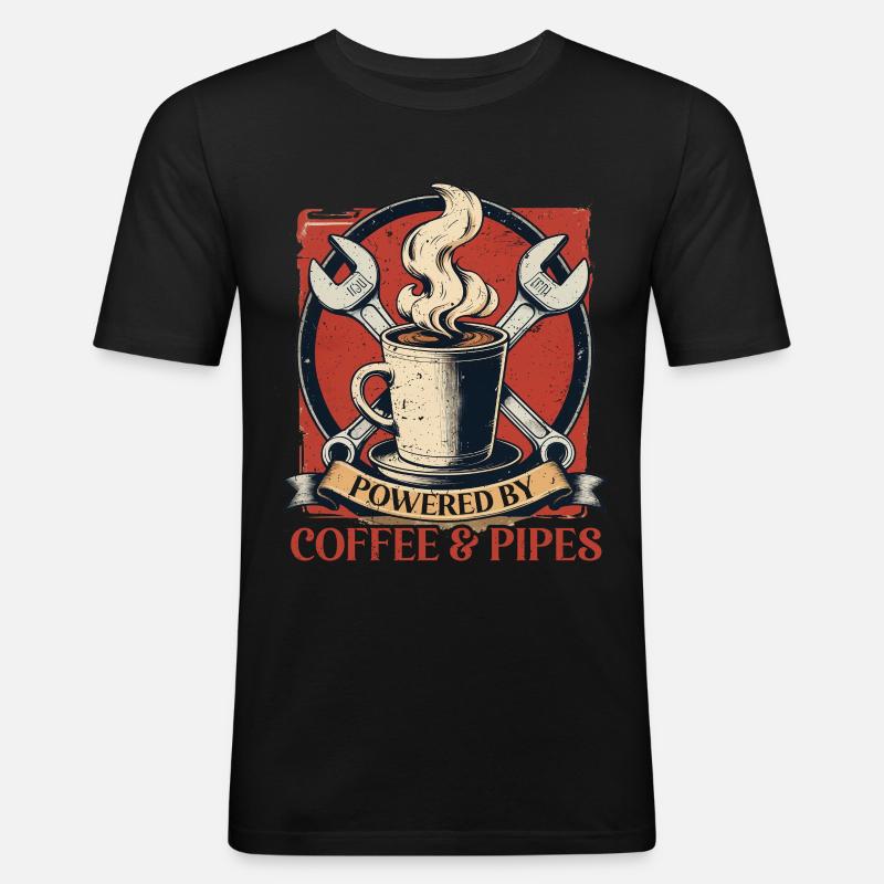 Rohrleger Powered By Coffee & Pipes - Männer Slim Fit T-Shirt - Schwarz