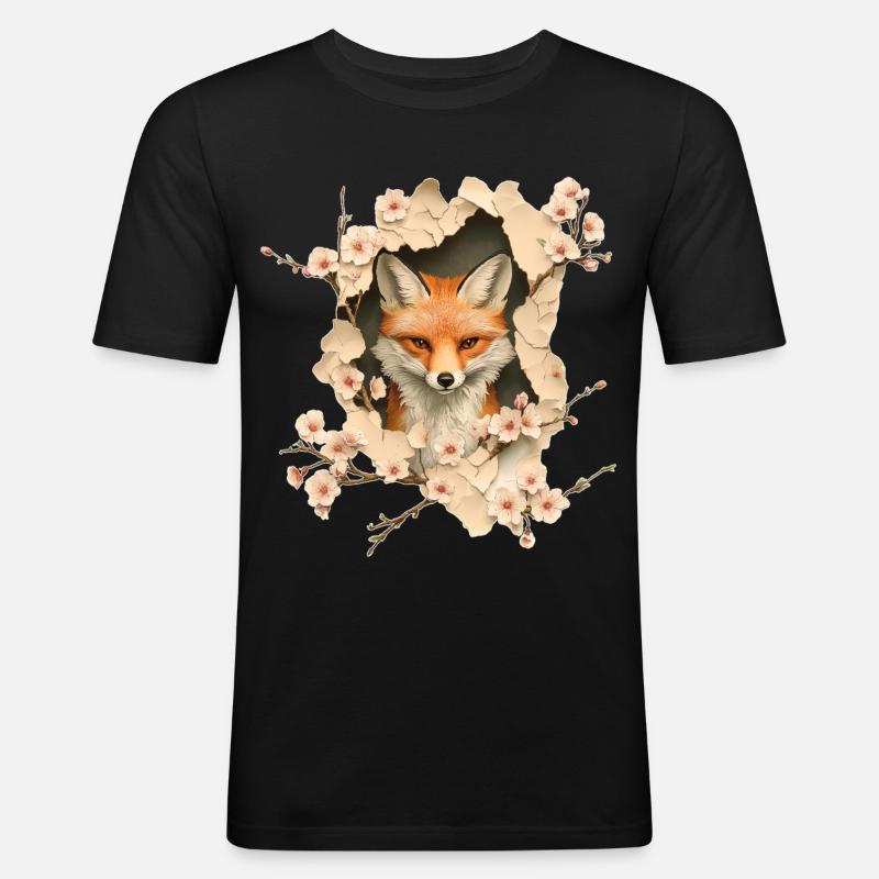 Fuchs mit Kirschblüten - Männer Slim Fit T-Shirt - Schwarz