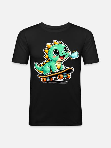 Grüner Dino Skateboardheld - Männer Slim Fit T-Shirt - Schwarz