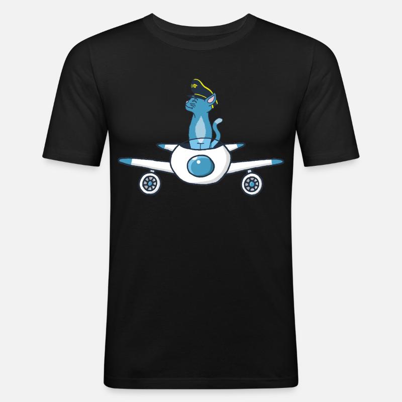 Flugzeugpilot Katze - Männer Slim Fit T-Shirt - Schwarz