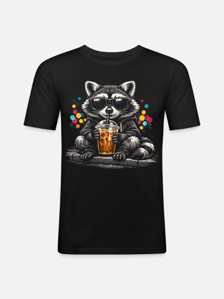 Waschbär Trinkt Eiskaffee Süß Niedlich - Männer Slim Fit T-Shirt - Schwarz