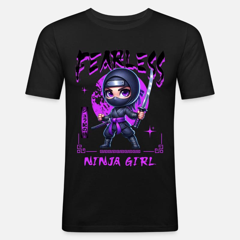 Ninja Mädchen Chibi mit Katana - Männer Slim Fit T-Shirt - Schwarz