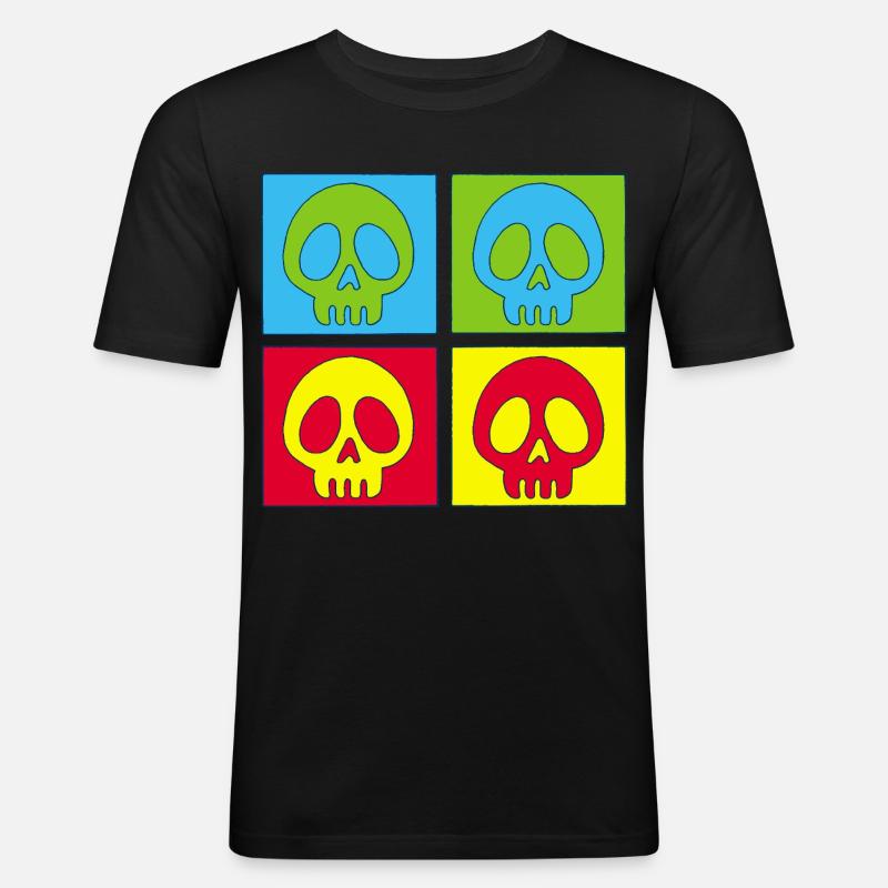 Totenschädel und vierfarbiger Druck - Männer Slim Fit T-Shirt - Schwarz