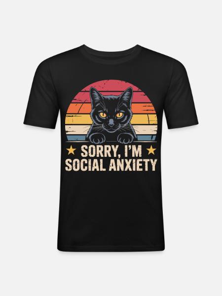 Retro-Katze schwarze Katze soziale Angst - Männer Slim Fit T-Shirt - Schwarz