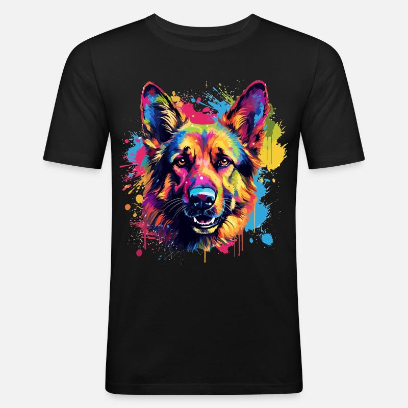 Deutscher Schäferhund Spritzkunst bunt - Männer Slim Fit T-Shirt - Schwarz