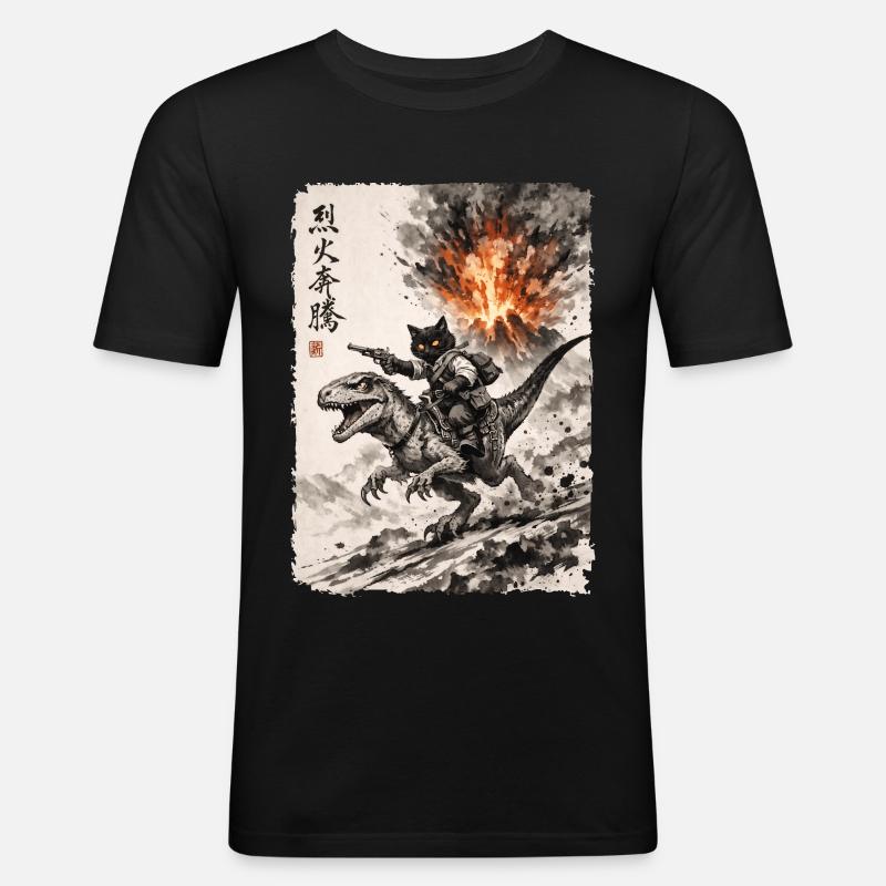 Katze, Dinosaurier, Vulkan, Vulkanausbruch, Anime - Männer Slim Fit T-Shirt - Schwarz
