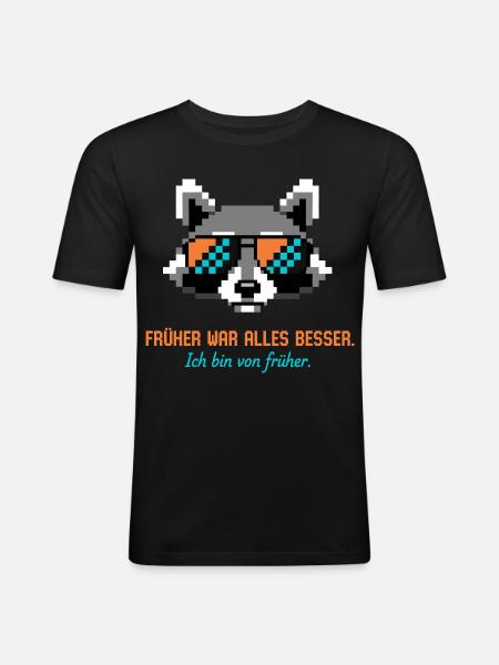 Waschbär Pixel Art Retro Nostalgie - Männer Slim Fit T-Shirt - Schwarz