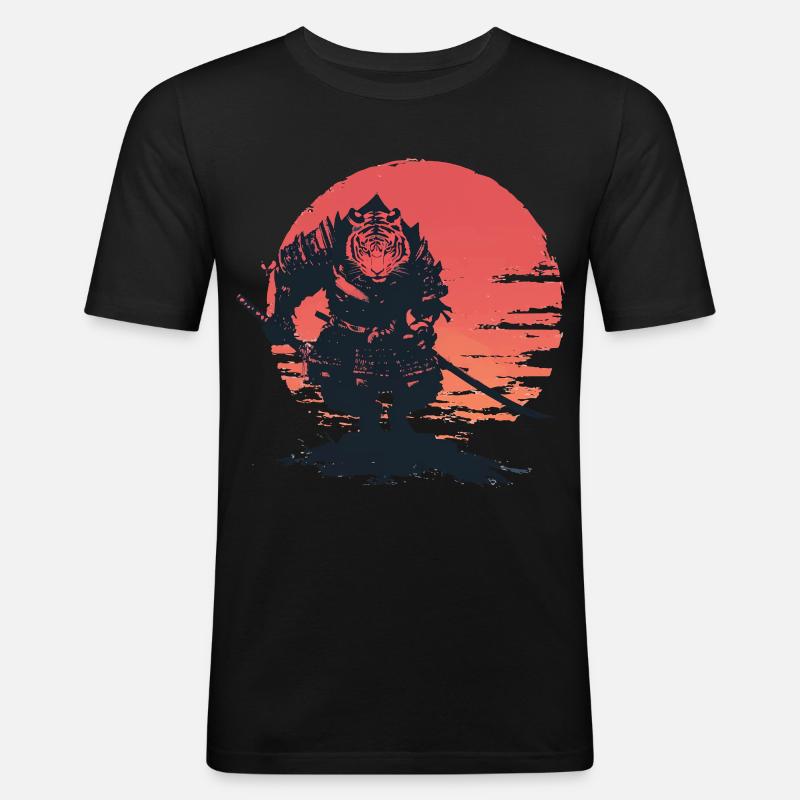 Tiger Samurai au Coucher du Soleil - T-shirt près du corps Homme - noir