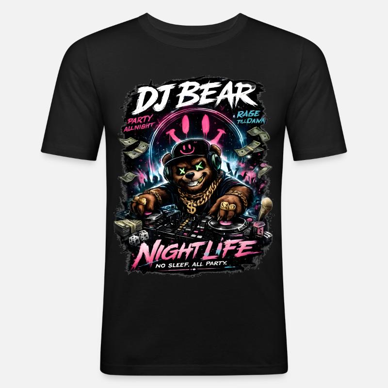 DJ Bear Nachtleben Orso Neon - Männer Slim Fit T-Shirt - Schwarz