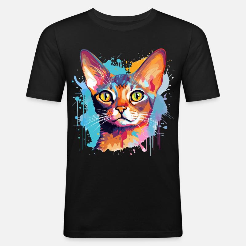 Abessinisches Katzengesicht – bunte Splash-Kunst - Männer Slim Fit T-Shirt - Schwarz