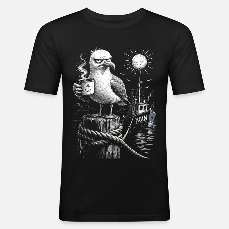 MOIN – Grumpy Seagull with Coffee - Men's Slim Fit T-Shirt - black
