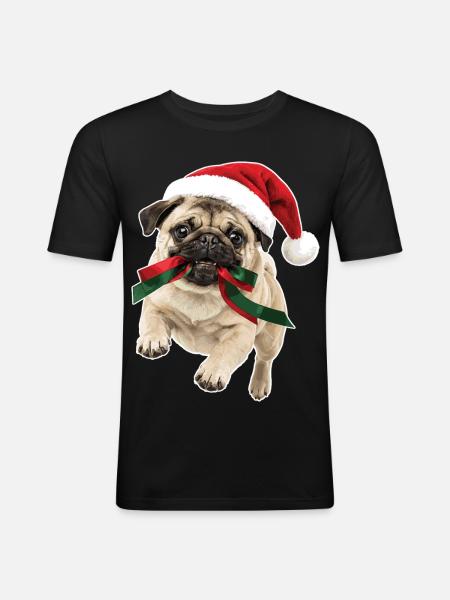 Verspielter Weihnachts Mops - Männer Slim Fit T-Shirt - Schwarz