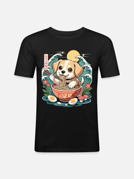 Kawaii Puppy Ramen Waves たのろ稲朔 Sunrise Bowl - Men's Slim Fit T-Shirt - black