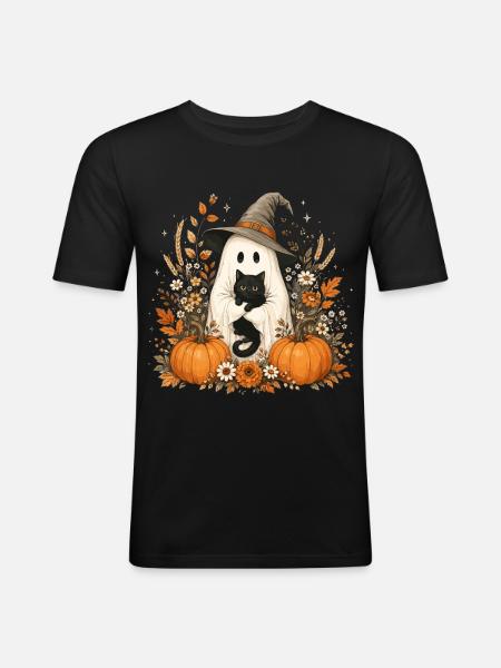 Halloween, Geist, Schwarze Katze - Männer Slim Fit T-Shirt - Schwarz