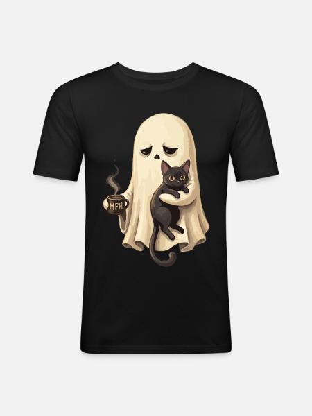 Ghost cat with coffee cup - Men's Slim Fit T-Shirt - black