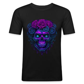 Neon Cybernetic Skull with Pink Gears - Men's Slim Fit T-Shirt - black - Front - Nik (191cm)