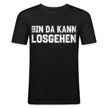 Bin da kann losgehen - Lustiger Spruch Startklar M - Männer Slim Fit T-Shirt - Schwarz - Vorne - Nik (191cm)