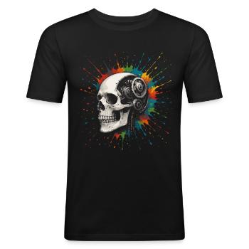 Bunter Totenkopf - Männer Slim Fit T-Shirt - Schwarz - Vorne - Nik (191cm)