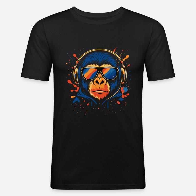 DJ Monkey – Bunter Musikaffe - Männer Slim Fit T-Shirt - Schwarz