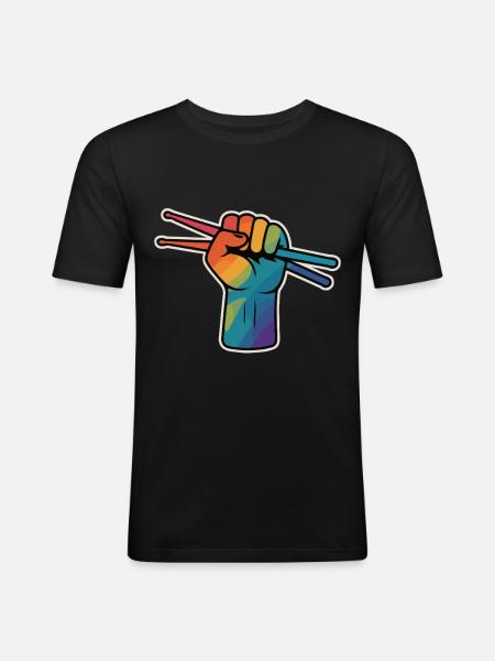 Drummer Power – Rainbow Fist - Men's Slim Fit T-Shirt - black