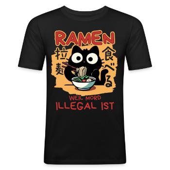 Ramen: Weil Mord illegal ist - Schwarze Katze - Männer Slim Fit T-Shirt - Schwarz - Vorne - Nik (191cm)