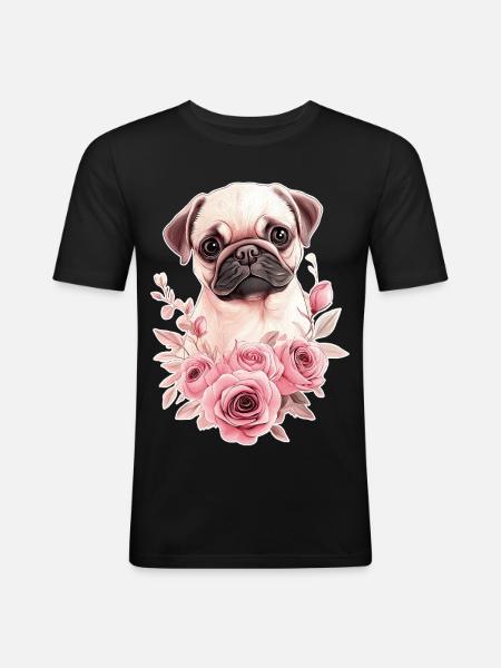Pug with flowers - Men's Slim Fit T-Shirt - black