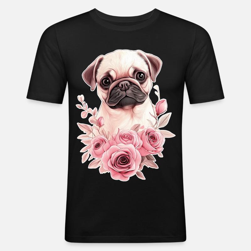 Mops mit Blumen - Männer Slim Fit T-Shirt - Schwarz