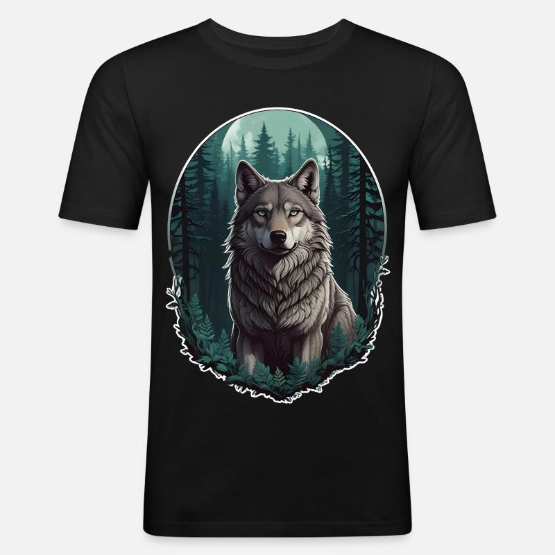 Wolf im Mondlicht - Männer Slim Fit T-Shirt - Schwarz