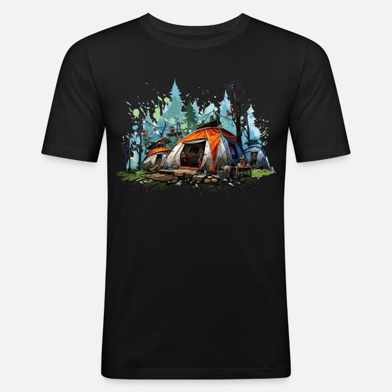 Camping-Atmosphäre. Ein Retro-Abenteuer. - Männer Slim Fit T-Shirt - Schwarz