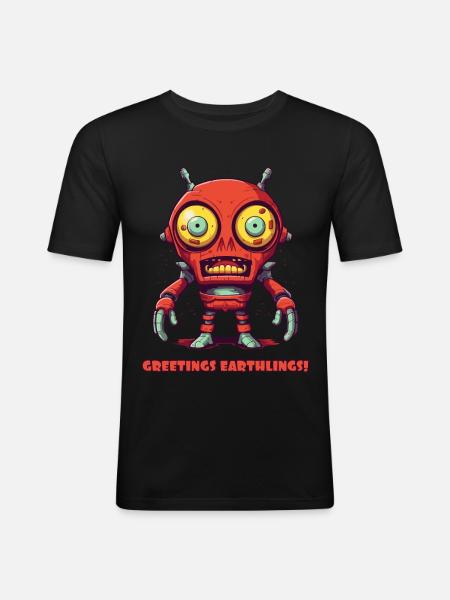 Grüße Erdlinge – Alien-Roboter - Männer Slim Fit T-Shirt - Schwarz