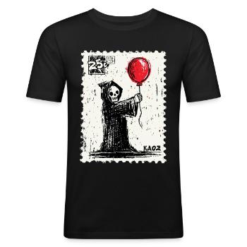 Briefmarke-Design Sensenmann mit rotem Ballon - Männer Slim Fit T-Shirt - Schwarz - Vorne - Nik (191cm)