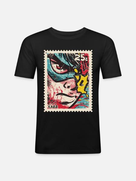 Comic-Held als Retro-Briefmarke - Männer Slim Fit T-Shirt - Schwarz