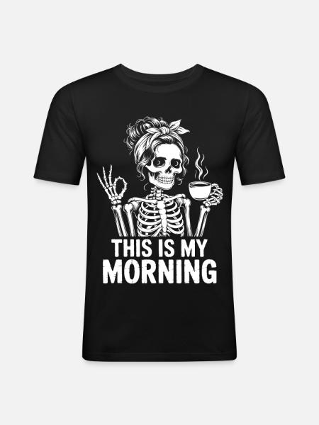 Skeleton with Coffee Morning Ritual - Men's Slim Fit T-Shirt - black