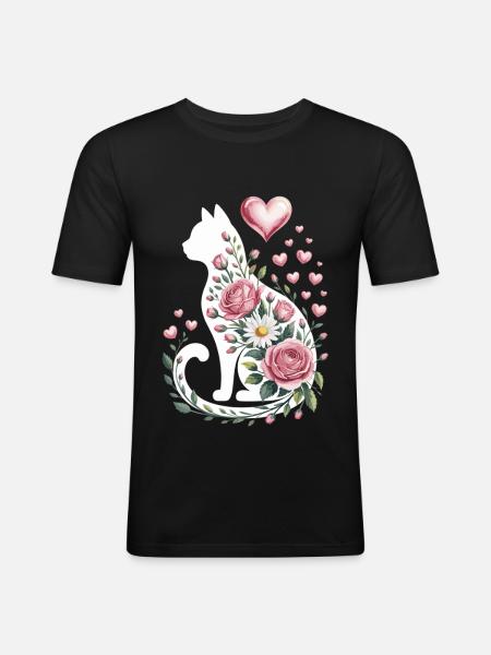 Fleur Chat Silhouette Roses Coeurs - T-shirt près du corps Homme - noir