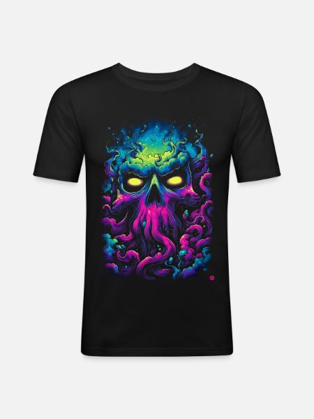 Neon-Totenkopf im Nebelmeer - Männer Slim Fit T-Shirt - Schwarz