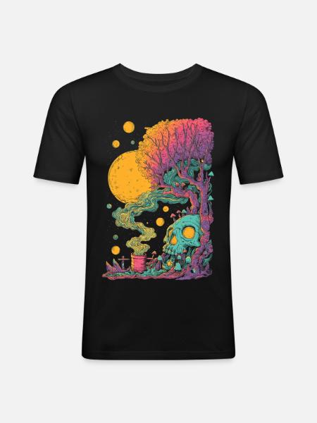 Psychedelischer Baumskull im Kosmos - Männer Slim Fit T-Shirt - Schwarz