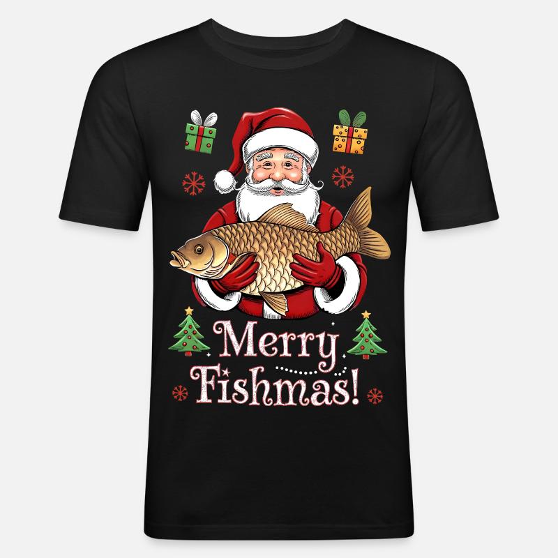 Angler Weihnachtspullover Merry Fishmas Karpfen - Männer Slim Fit T-Shirt - Schwarz