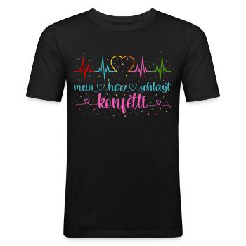 Fasching Herzschlag EKG Mein Herz schlägt Konfetti - Männer Slim Fit T-Shirt - Schwarz - Vorne - Nik (191cm)