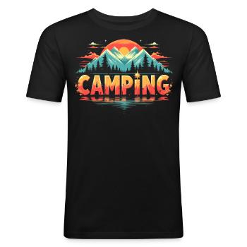 Camping Schriftzug - Berg Panorama Sonnenuntergang - Männer Slim Fit T-Shirt - Schwarz - Vorne - Nik (191cm)