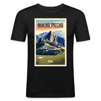 Machu Picchu Retro Poster Vintage Souvenir - Männer Slim Fit T-Shirt - Schwarz - Vorne - Nik (191cm)