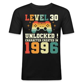 Humour Geek Niveau 30 Ans Gamer Anniversaire 1996 - T-shirt près du corps Homme - noir - Devant - Nik (191cm)