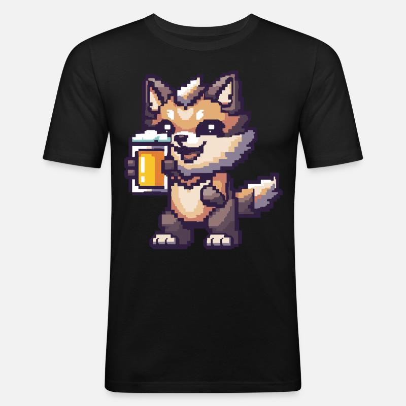 Wolf Pixel Bier - Männer Slim Fit T-Shirt - Schwarz