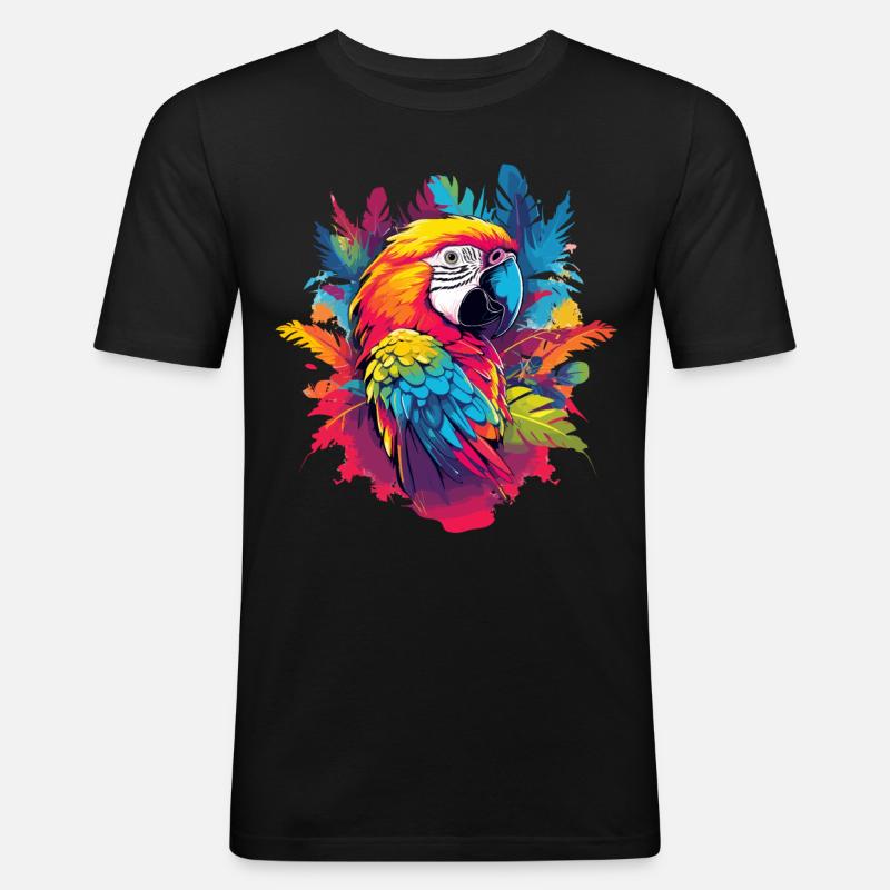 Bunter Papagei mit Palmen - Männer Slim Fit T-Shirt - Schwarz