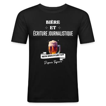 Bière Mon duo parfait et écriture journalistique - T-shirt près du corps Homme - noir - Devant - Nik (191cm)