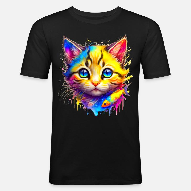 Rainbow Kitty with fish - Men's Slim Fit T-Shirt - black