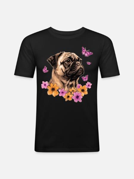Mops mit Schmetterlingen - Männer Slim Fit T-Shirt - Schwarz