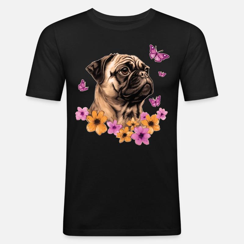 Mops mit Schmetterlingen - Männer Slim Fit T-Shirt - Schwarz