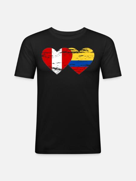 Pérou Colombie drapeau coeur utilisé - T-shirt près du corps Homme - noir